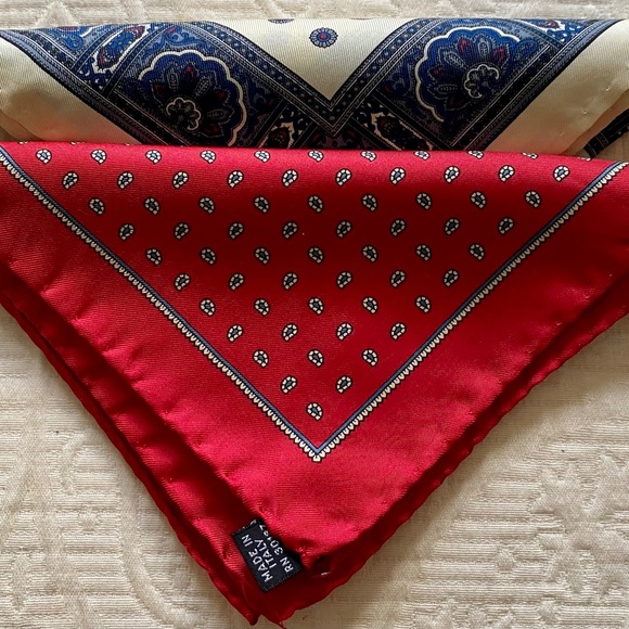 Two Silk Pocket Handkerchiefs. Men's Fashion Squares. Traditional Patterns. Used - Picture 1 of 8